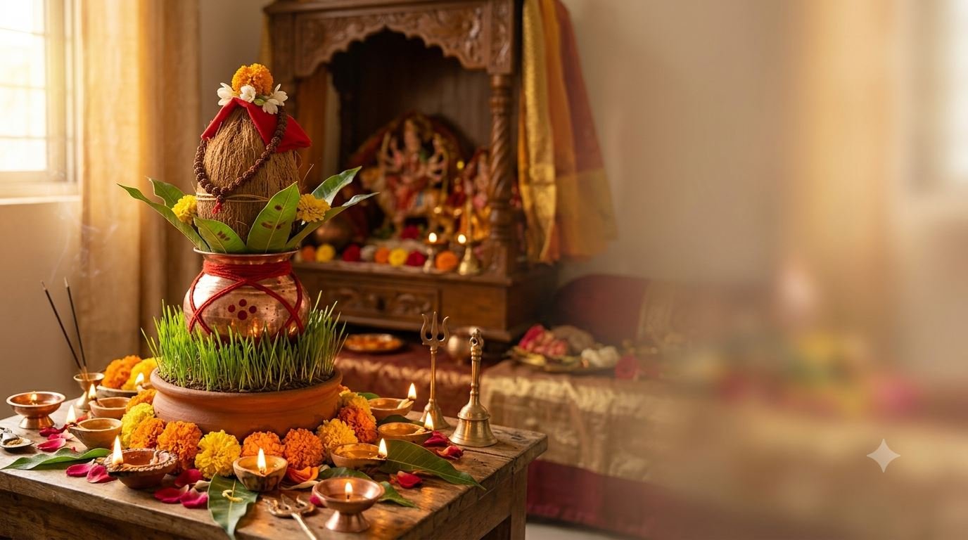 घटस्थापना का कलश, जौ का पात्र, दीपक एवं गेंदे के फूल