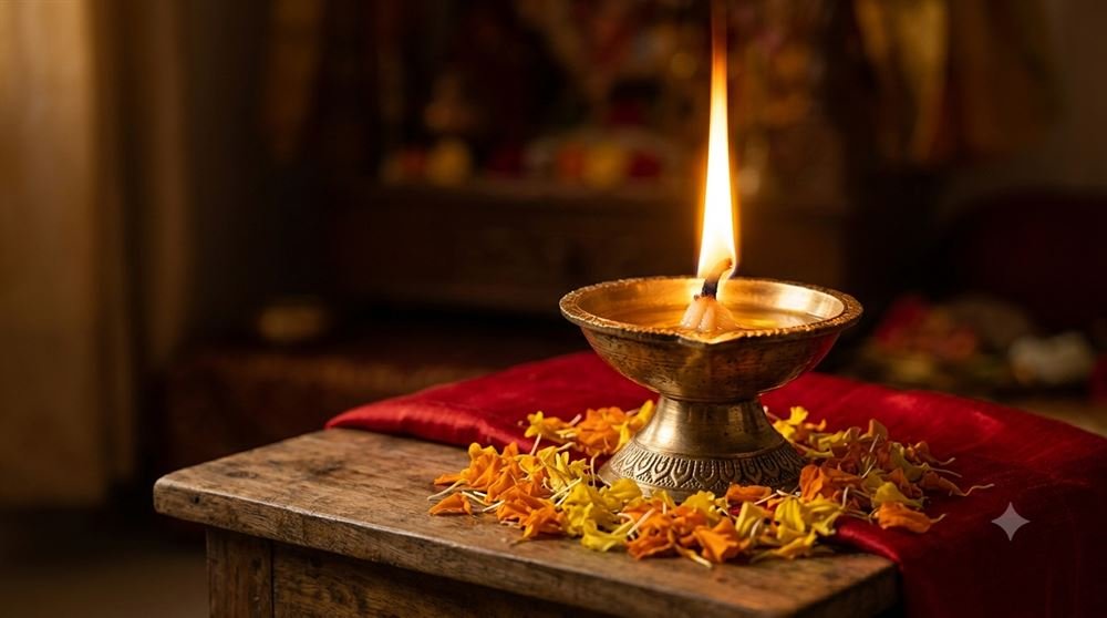 पीतल के दीपक में जलती अखंड ज्योति